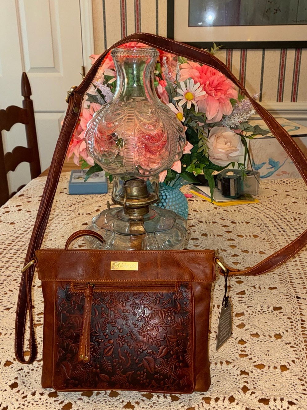 NWT Valenchi Women's Brown Tooled Leather Crossbody Bag with Floral Detail
